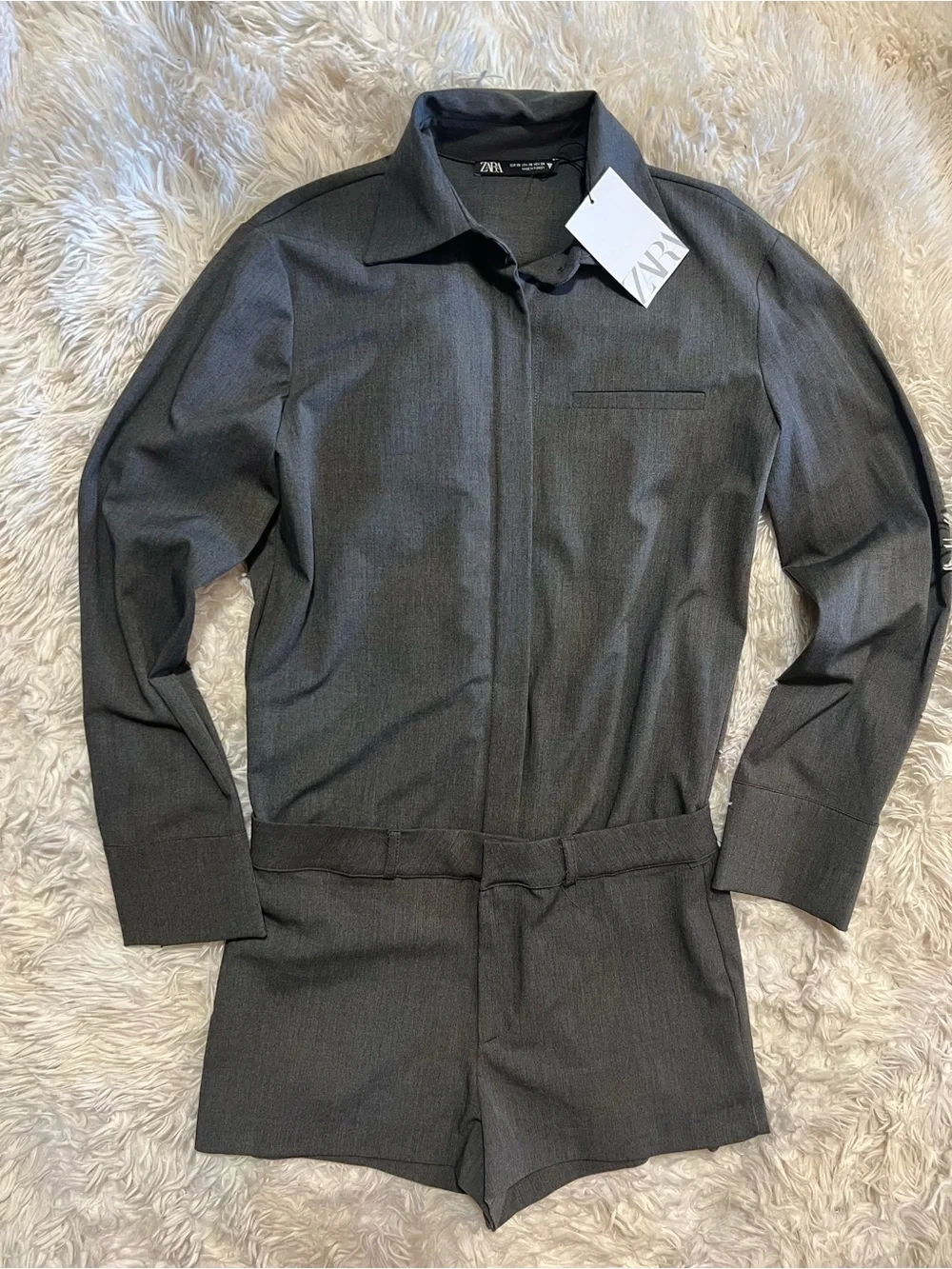 ZARA SHIRT STYLE MASCULINE JUMPSUIT PLAYSUIT GREY- SZ XS-NWT